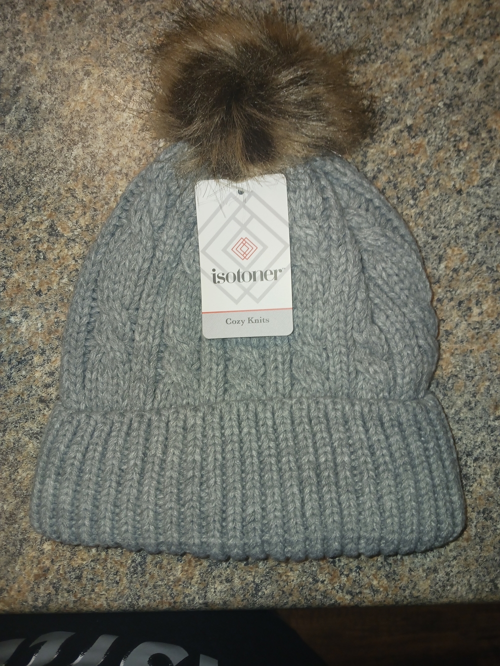 Isotoner Gray Cable Knit Beanie with Faux Fur Pom